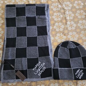 Louis Vuitton Black and Gray Checkered Scarf and Beanie